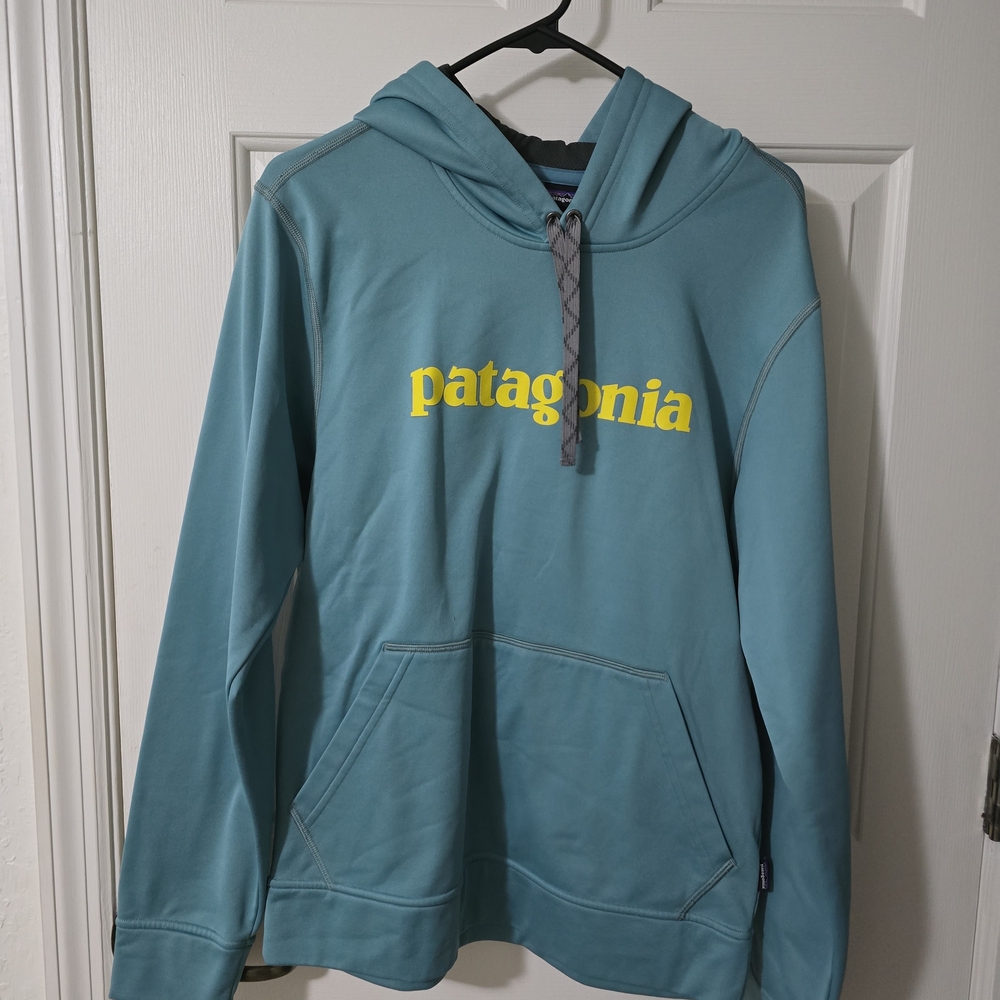 Patagonia Blue Hoodie with Yellow Text
